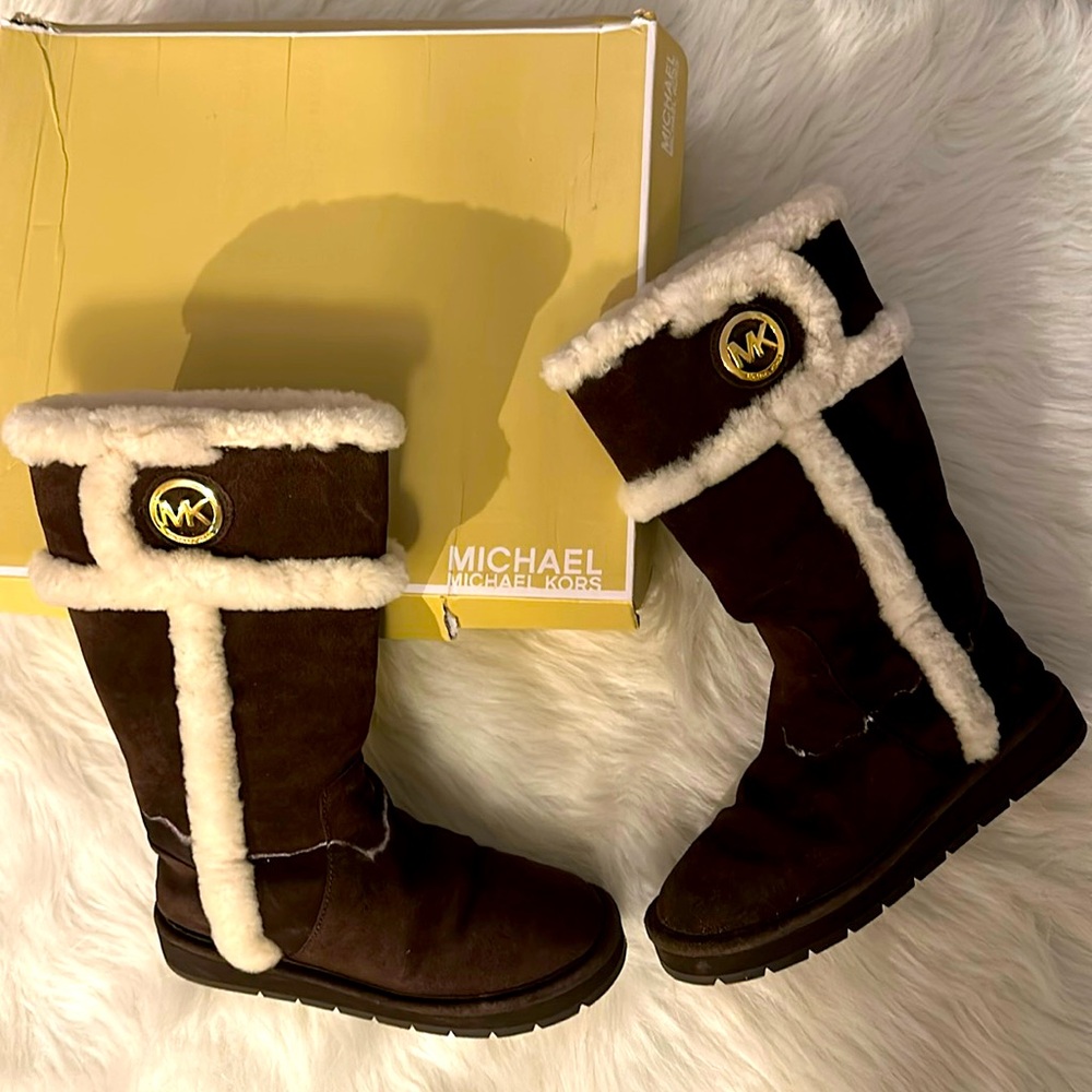 Michael Kors winter brown (coffee) suede tall boots cream shearling trim 5M 5 MK